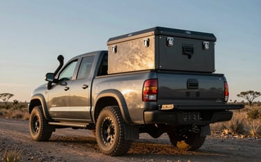 A heavy-duty pickup truck on a gravel road in the Argentine countryside. In the bed, a rugged metallic grey anti-theft box is shown with high-quality industrial finishes. Golden hour lighting, low-angle shot to convey security and resilience, featuring dark slate and muted blue tones.
