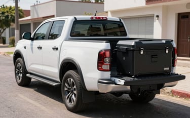 A modern white pickup truck parked in a clean paved street in a South American / Argentine neighborhood. A sleek black anti-theft storage box is installed in the bed. High-resolution photography, bright daylight, emphasizing clean lines and the modern slate blue and dark grey tones of the product.