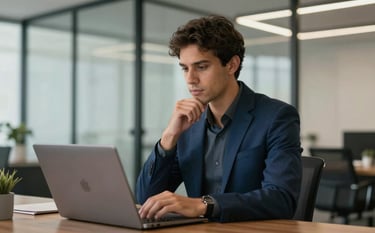 A professional Brazilian person in a modern office with glass walls, looking thoughtfully at a laptop screen, wearing a sophisticated dark blue blazer, warm natural lighting, relaxed but professional business setting.