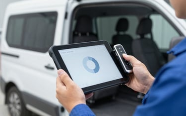 Close-up of a technician's hands holding a modern car diagnostic tablet and a sleek car remote. The background is a clean, organized mobile service van. The style is sharp and professional, utilizing the #F7FAFC and #4A5568 palette for a secure feel.