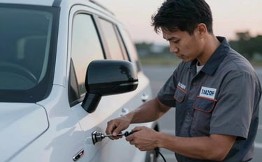 A professional auto locksmith in a branded uniform using precision tools to unlock a modern car door at dusk. The lighting is clean and cinematic, with a soft glow from the van's interior. Incorporates the brand palette with #1A202C shadows and #F7FAFC highlights, emphasizing trust and technical skill.