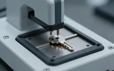 A high-tech car key cutting machine in a mobile workshop, focusing on the precision blade cutting a new laser-cut key. The image features clean surfaces, professional lighting, and a color scheme using #A0AEC0 and #1A202C to convey industrial efficiency.