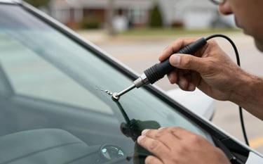 A close-up photograph in a North American setting showing a professional technician's hands using a precision resin tool to repair a small stone chip on a vehicle's windshield. The lighting is bright and clear, highlighting the detail of the glass and the metallic tool, with a soft-focus background of a suburban street.