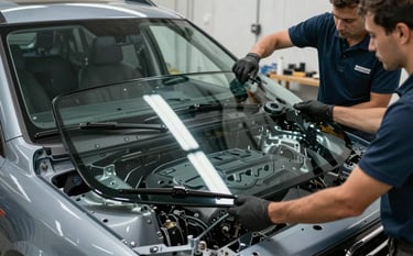 A photography shot of a rugged North American SUV in a workshop. Two skilled technicians are carefully lowering a new, pristine windshield into the frame. The composition emphasizes precision and teamwork, with cool blue and slate gray tones reflecting off the clean glass and metallic surfaces.