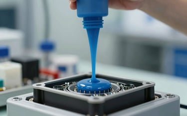 A professional image showing an industrial potting process. A blue silicone compound is being poured into a power module casing. The background is a clean manufacturing environment. Lighting is soft yet clear, with a color scheme emphasizing #2F4F6F and #6A8CA9 for a technically advanced and trustworthy feel.