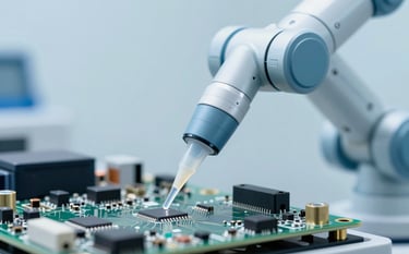 A close-up, high-tech macro photograph of a precision robotic arm dispensing a clear electronic adhesive onto a high-density circuit board. The lighting is bright and clinical, emphasizing technical sophistication. The color palette features #F0F4F8 and subtle highlights of #2F4F6F. The style is modern, professional, and sharp.