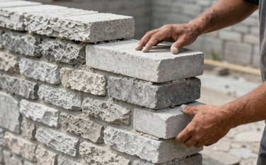 A close-up of a stone wall being constructed with brick and block in a North American / US landscape. The artisan's hands are visible, showing professional craftsmanship. Colors are light silver gray and soft off-white.