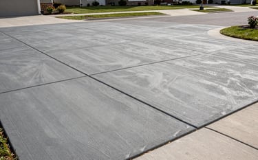 A high-angle shot of a beautifully finished stamped concrete driveway in a North American / US suburban neighborhood. The concrete has a medium gray texture with a professional, sturdy finish. Soft daylight highlights the clean lines and craftsmanship.