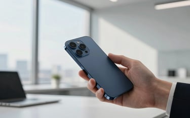 Photography of a sleek, modern smartphone being used by a professional in a minimalist Sydney office, daylight coming through windows, soft morning lighting, clean and sophisticated atmosphere with navy blue and light gray tones.
