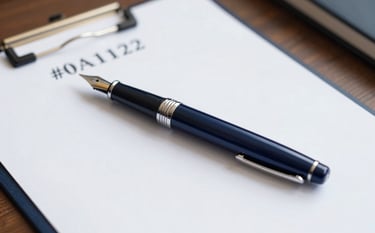 A close-up, high-angle shot of a high-quality navy fountain pen resting on a crisp white legal document with a professional notary seal visible. The lighting is bright and clear, emphasizing professionalism and legal precision. The scene incorporates brand tones of #0A1128 and #F7FAFC in the stationery and desk surface.