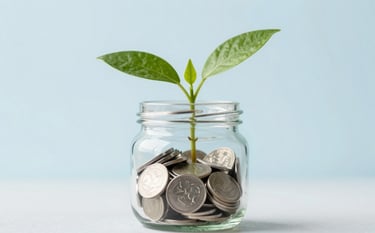 A close-up shot of a small green plant growing out of a sleek glass jar filled with coins, symbolizing financial growth and PPR savings. Clean background, soft lighting, incorporating #6C9DD1 tones.