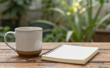 A close-up of a wooden table holding a ceramic mug and a simple notebook in a soft-lit North American garden setting. The background is a soft-focus blur of lush green foliage and muted sunlight, representing the clarity and grounding that comes from personalized guidance.