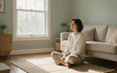 A serene North American interior with soft morning light streaming through a window. A person sits comfortably on a woven rug in a quiet living room, eyes closed in a moment of peace. The room is decorated in soft sage and cream tones with natural wood textures, creating a grounded and empathetic atmosphere.