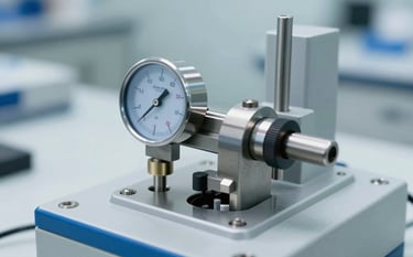 A close-up of a precision calibration tool measuring a mechanical gauge. The scene is shot in a bright industrial lab with pale mist grey surfaces and clean, soft steel blue accents, representing technical expertise.