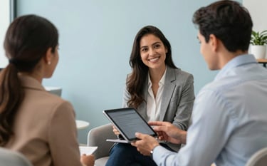 A welcoming consultation scene in a South American / Brazilian office. A consultant is sitting across from a client, showing a tablet screen. The atmosphere is warm and professional, featuring pale sky blue walls and clean, modern furniture.