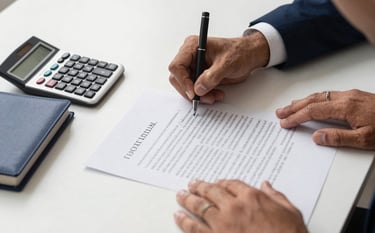 Close-up of hands of a professional in a South American / Brazilian setting signing a contract on a clean white desk next to a modern calculator and dark navy blue folders. High-end, professional lighting.
