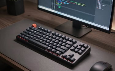A sharp, high-angle photograph of a premium mechanical keyboard with dark keycaps and a high-resolution monitor displaying a clean code editor in a modern North American / US home office. The lighting is low and moody with subtle Arctic White glow from the screen.