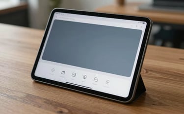 A high-end, dark-themed tablet resting on a clean wooden desk in a North American / US office environment. The screen shows a minimalist productivity app interface with Slate Blue Grey and Arctic White accents.