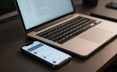A close-up photograph of a professional developer workspace in a North American / US tech firm. A sleek laptop sits on a dark desk beside a smartphone showing a dashboard with Slate Blue Grey UI elements. Cinematic lighting with deep shadows.