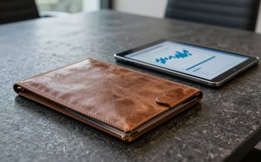 Close-up of a high-quality leather folio and a tablet displaying a professional finance graph on a dark stone conference table in a sophisticated Oceanic / Australian office setting.