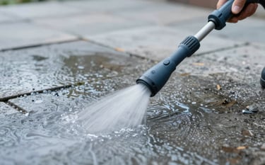 A close-up shot of a professional power washing wand cleaning a dirty stone patio. The powerful water stream reveals the clean surface underneath. The image highlights efficiency and cleanliness, with cool water tones in #B0BEC5 and professional gear in #263238.