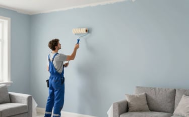 A clean, modern living room interior being transformed. A professional painter is using a roller on a smooth wall. Every edge is perfectly masked with tape, and furniture is protected by drop cloths. The lighting is soft and natural, reflecting the professional mood with colors like #B0BEC5 and #ECEFF1 throughout the room.