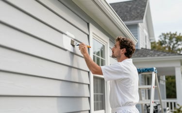 A professional painter in a clean white uniform meticulously painting the exterior siding of a classic Connecticut suburban home. The scene is bright and professional, with high-quality brushes and ladders. The color palette features soft shadows in #546E7A and highlights in #ECEFF1, suggesting a modern and reliable service.