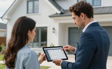 A high-quality lifestyle photograph of a professional estate agent and a client reviewing a digital schedule on a tablet outside a stylish Northern European home. The scene is bright and efficient, featuring clean lines and a soft slate blue and pale cloud grey color palette.