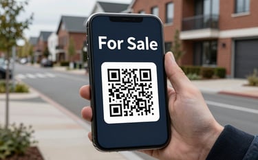 A professional photography shot of a modern smartphone screen scanning a crisp QR code on a sleek, dark navy real estate 'For Sale' board. The background shows a clean, suburban Northern European street with modern brick architecture under soft, diffused daylight. Professional and tech-focused composition.