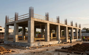 Wide shot of a solid construction project in a South American / Brazilian urban setting. The focus is on the reinforced concrete structure and foundations of a new building, shot during the golden hour with warm sunlight. Professional workers in safety gear are visible in the distance, emphasizing reliability.