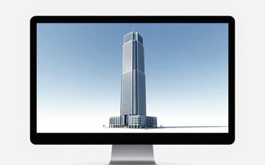 A clean, high-precision architectural 3D model of a modern skyscraper displayed on a high-resolution monitor. The scene is bright and professional, incorporating a color palette of #2E5F7B and #7ABDCF. The lighting is crisp, highlighting the intricate structural details of the Revit model against a minimalist background.
