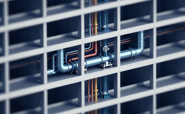 A complex MEP coordination view in Navisworks showing multi-colored pipes and HVAC ducts within a building's framework. The image emphasizes precision and 'innovative reliability' with deep navy #0A1C2C shadows and bright #7ABDCF highlights, suggesting high-tech clash detection capabilities.