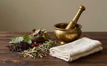 A sophisticated still-life photograph representing Ayurvedic detox. A collection of raw herbs, a brass grinding bowl, and a folded off-white linen towel sit on a dark wood table. In the background, a soft moss colored wall creates a serene, natural environment. Professional lighting with soft shadows.