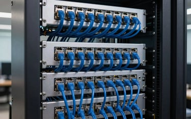 A neatly organized network rack with silver and blue ethernet cables in a modern Brazilian IT office, professional lighting highlighting the orderly installation and technological infrastructure.