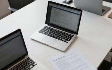 An overhead shot of a clean, modern Brazilian workplace with silver laptops and documents, conveying a mood of professional IT consulting and security planning, soft natural lighting.