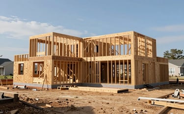 Wide shot of a professional residential construction site in a North American / Texan neighborhood showing clean, expert wooden framing for a large home addition under a bright sky.