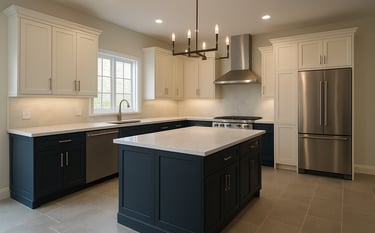 A high-end interior renovation of a North American / Texan kitchen featuring custom dark blue and off-white cabinets, sleek stone floors, and professional finishes. The lighting is bright and modern, showcasing the robust reliability of the construction work.
