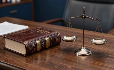 A close-up photograph of a professional Latin American / Spanish legal workspace. A leather-bound law volume sits beside a subtle silver scale of justice on a mahogany desk. The lighting is sophisticated and warm, highlighting the deep blue and gray tones of the room.