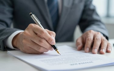 A close-up of a professional hand signing a legal document with a high-end fountain pen. The background is softly blurred corporate architecture in #405D72 and #687C92 tones. High-end, trustworthy atmosphere.