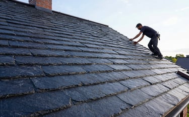 Professional photography of a high-quality slate roof installation on a Western European house. A skilled worker is visible in the distance ensuring precision. The atmosphere is professional and the lighting is bright and clear, highlighting dark navy blue and charcoal tones.