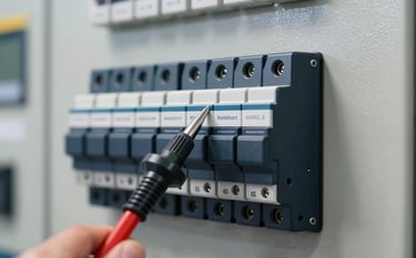 A sophisticated shot of a modern electrical switchboard with Residual Current Devices. A specialized testing probe is shown touching a circuit breaker. The color palette is dominated by dark navy #0D1C2B and clean metallic textures of #F0F2F5, emphasizing industrial precision.