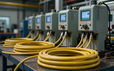 An industrial workshop setting featuring high-current machinery. Yellow 3-phase power cables #EBC86F are coiled neatly in the foreground. The lighting is cinematic and moody, highlighting the technical and robust nature of Wellington's heavy industries.