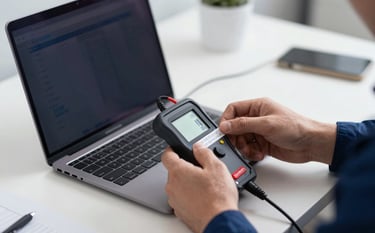 A close-up, high-end photograph of a professional technician's hands using a modern digital PAT tester on a laptop cable. The environment is a clean, minimalist office. Lighting is soft and professional with deep navy shadows #0D1C2B and sharp focus on the safety tag being applied.
