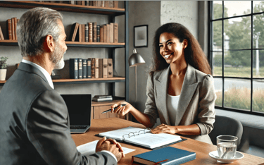 a man and woman sitting at a table with a laptop