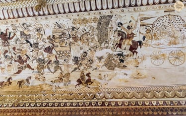 Mythological fresco on Lakshmi Temple's ceiling - Lord Hanuman leads Rama's army on horseback,Orchha