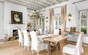 Elegant dining room with rustic beams at Finca Santa Katerina