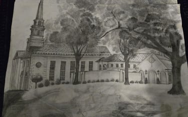 A hand-drawn black and white drawing of a church with trees in the yard.