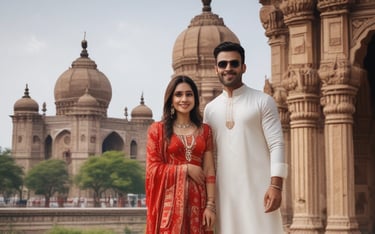 A smiling couple enjoying a sunset view from a luxury villa terrace in Tuscany.