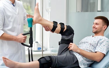 Physiotherapist guiding balance exercise after ankle ligament injury.