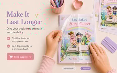 Applying a clear matte cold laminate sheet to a children's story planner for durability.